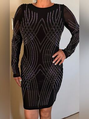 Black Long-Sleeve Rhinestone Bodycon Dress